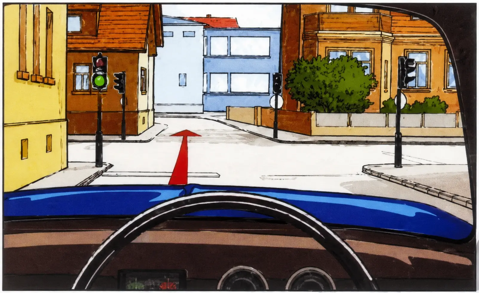 Driver's view at a junction with green traffic light and a stop sign on the left